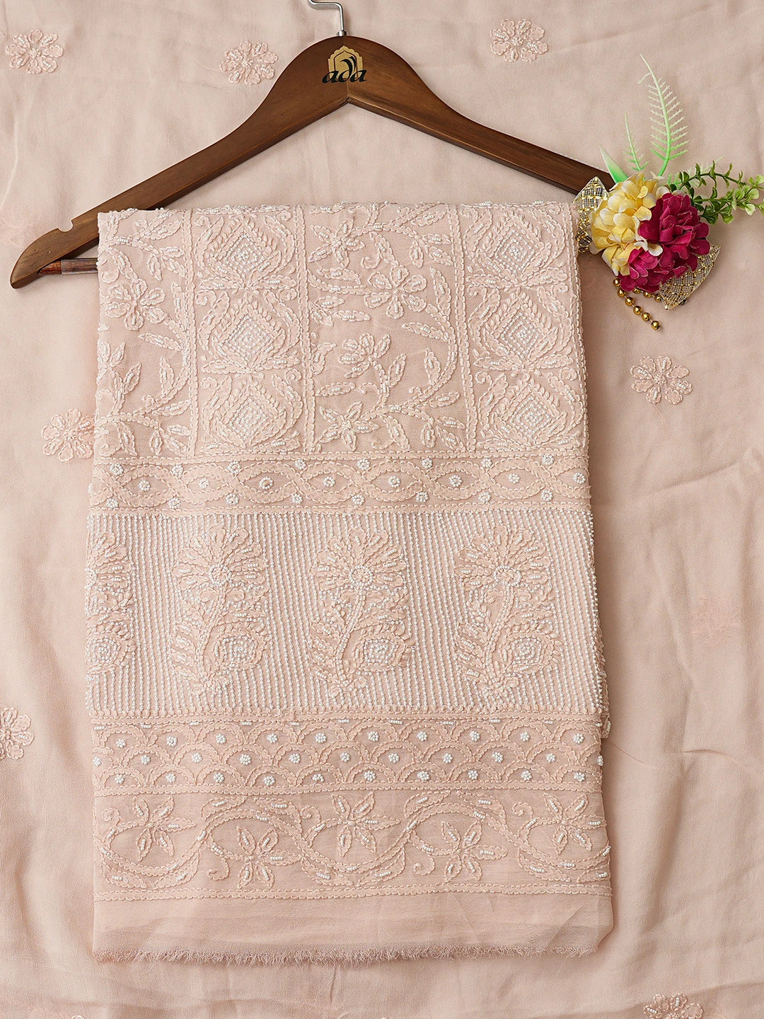 Ada Hand Embroidered Peach Viscose Georgette Lucknowi Chikankari Unstitched Kurta Dupatta Set With Pearl Work 01A778627