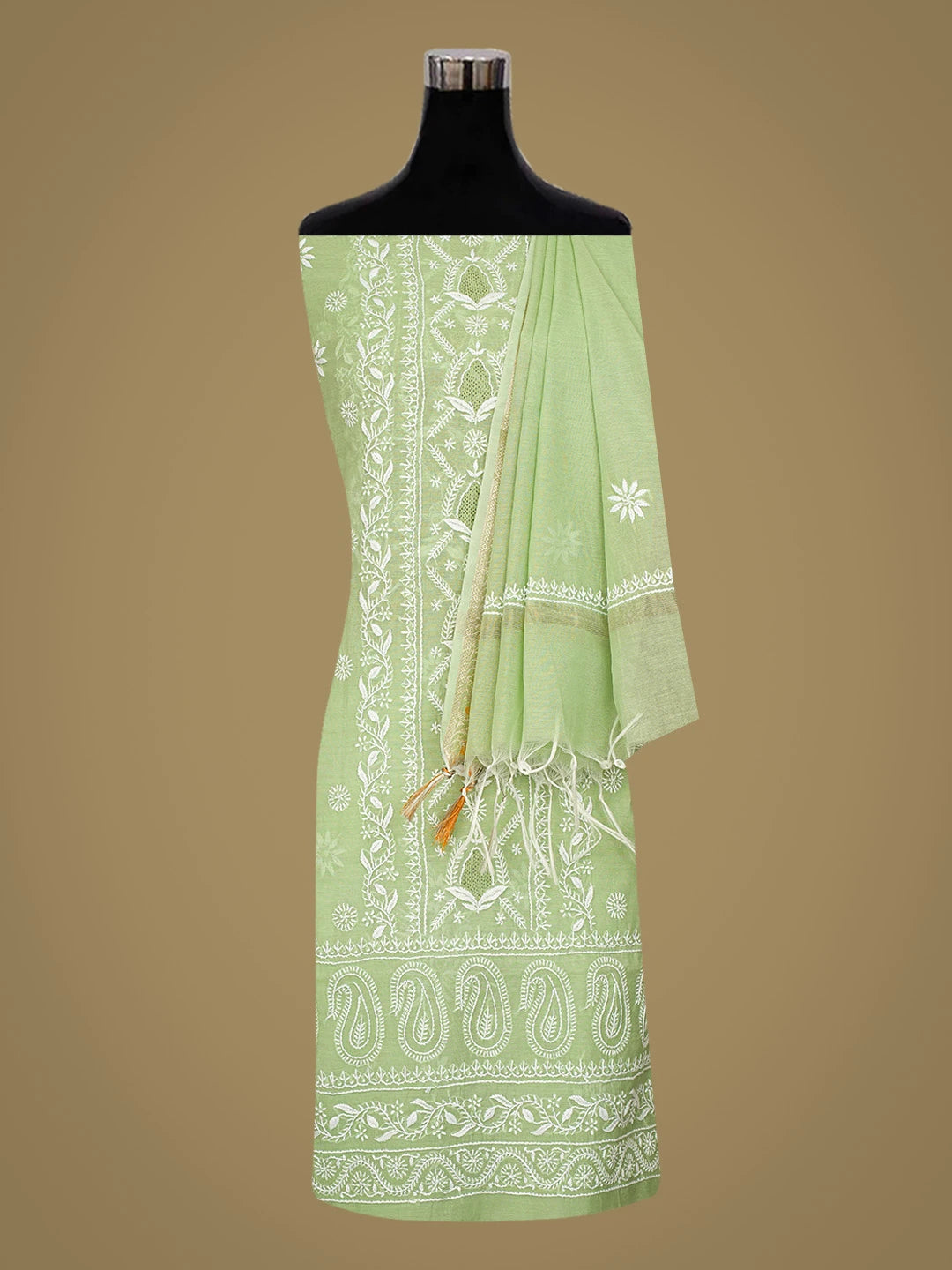 Ada Hand Embroidered Green Chanderi Lucknowi Chikankari Unstitched Kurta Dupatta Set 01A818437