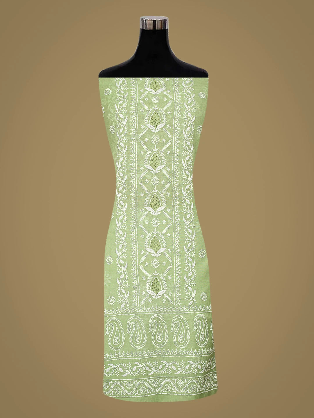 Ada Hand Embroidered Green Chanderi Lucknowi Chikankari Unstitched Kurta Dupatta Set 01A818437
