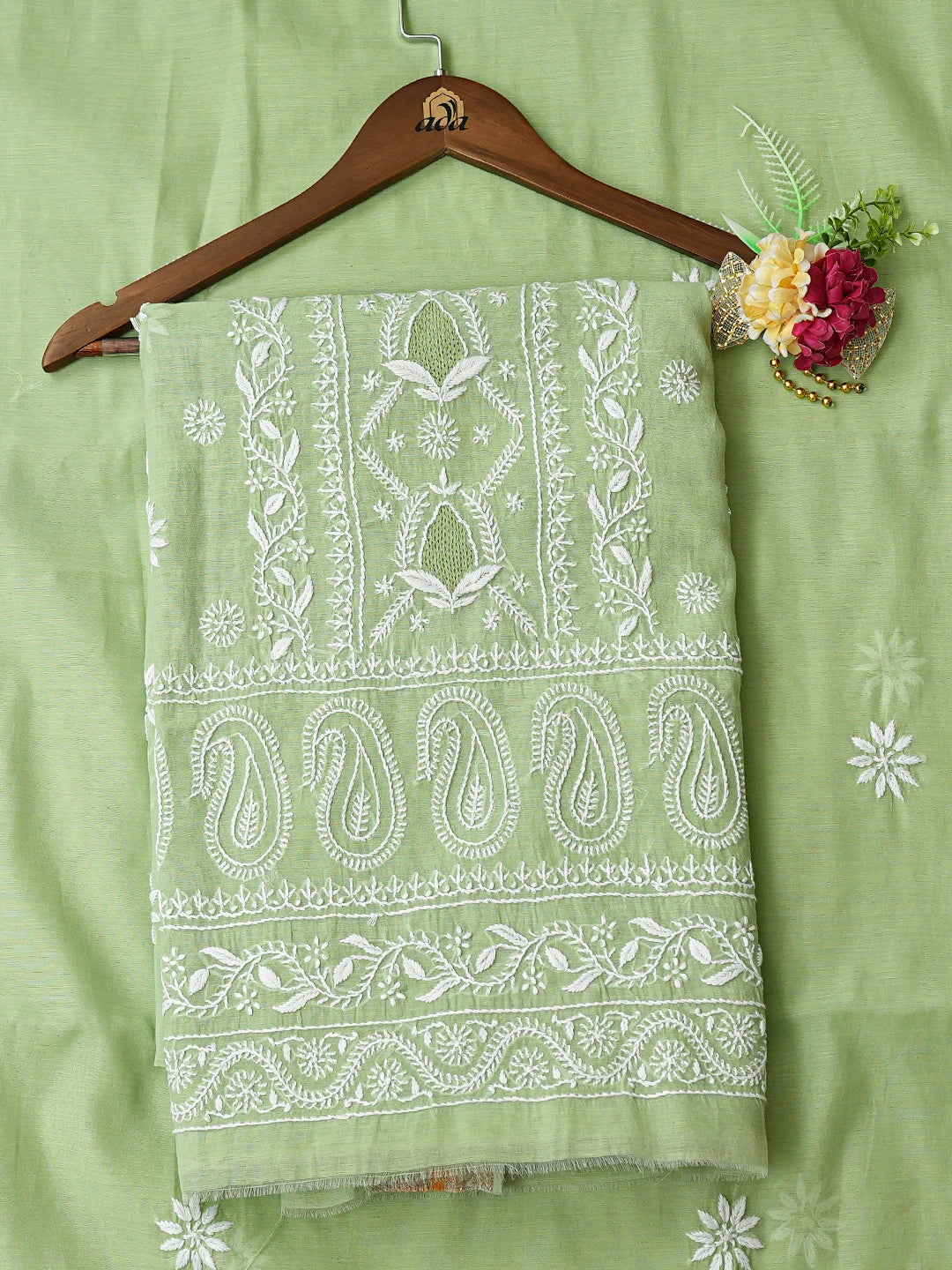 Ada Hand Embroidered Green Chanderi Lucknowi Chikankari Unstitched Kurta Dupatta Set 01A818437