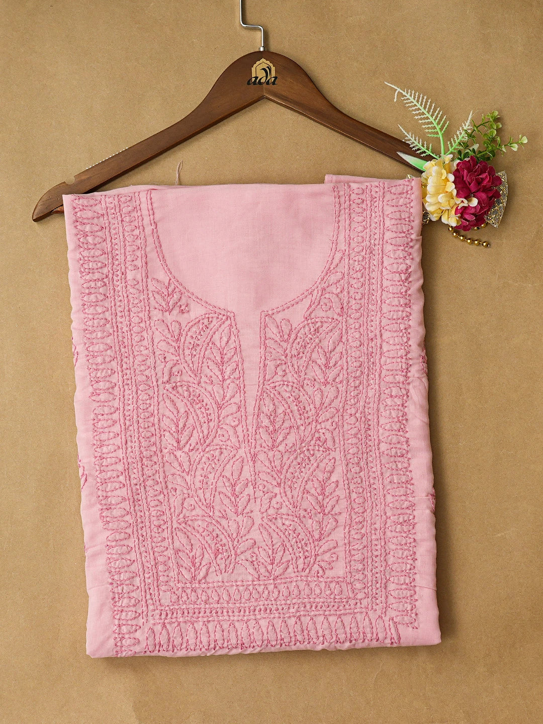 Ada Hand Embroidered Pink Cotton Lucknowi Chikankari Unstitched Kurta Piece 01A816580