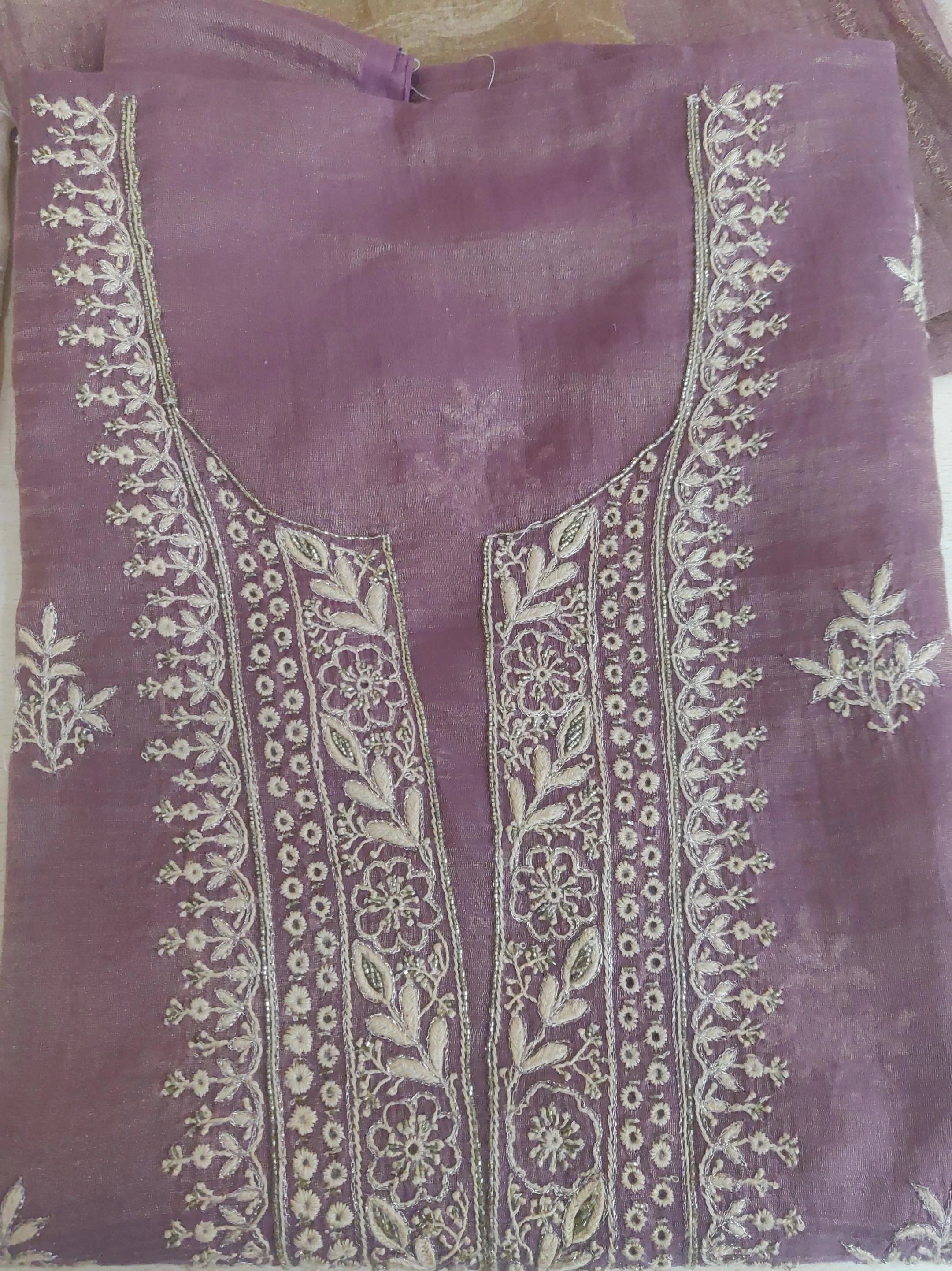 Ada Hand Embroidered Purple Tissue Lucknowi Chikankari Unstitched Kurta Dupatta Set With Cutdana Work 01A139320