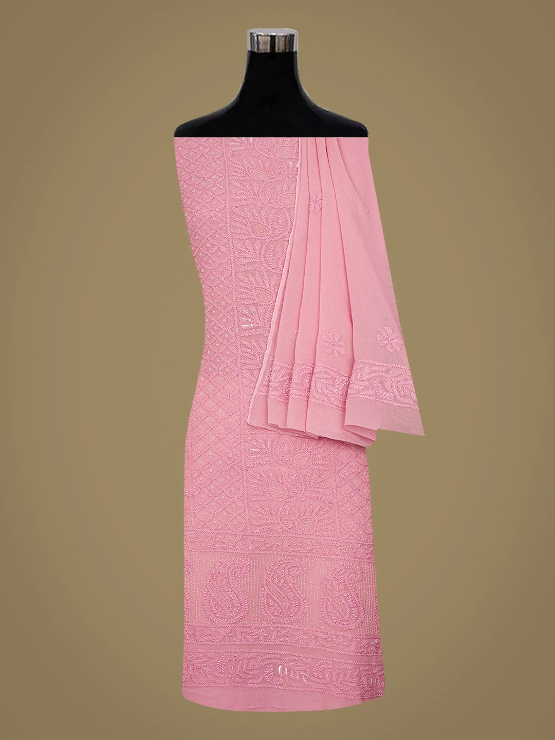 Ada Hand Embroidered Blush Pink Viscose Georgette Lucknowi Chikankari Unstitched Kurta Dupatta Set With Cutdana Work 01A795852