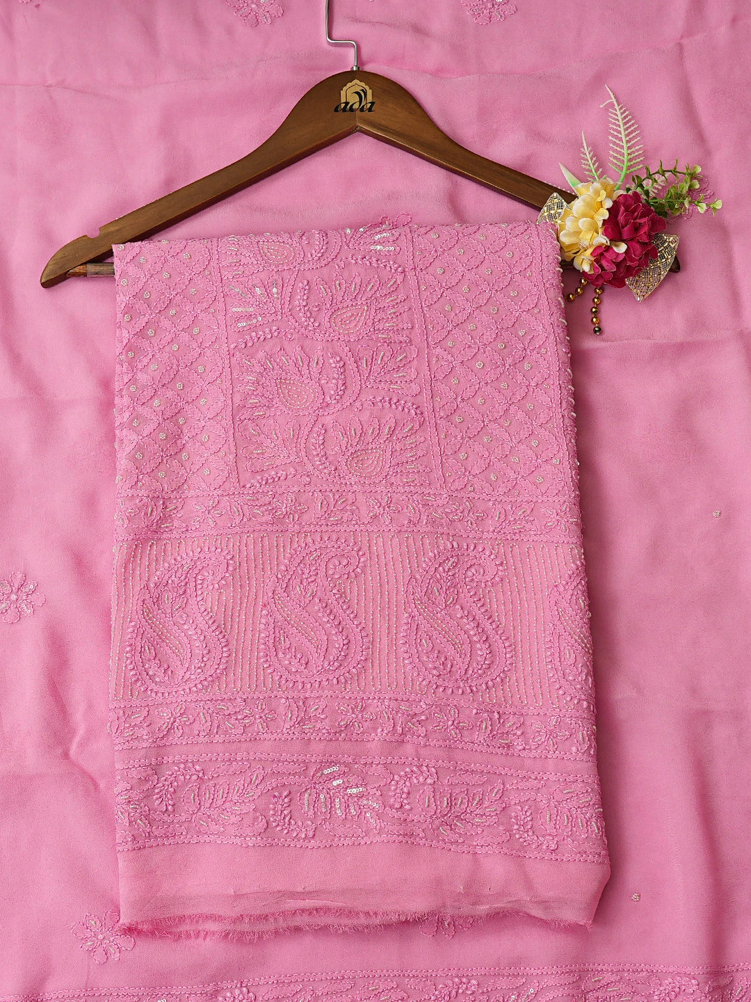 Ada Hand Embroidered Blush Pink Viscose Georgette Lucknowi Chikankari Unstitched Kurta Dupatta Set With Cutdana Work 01A795852