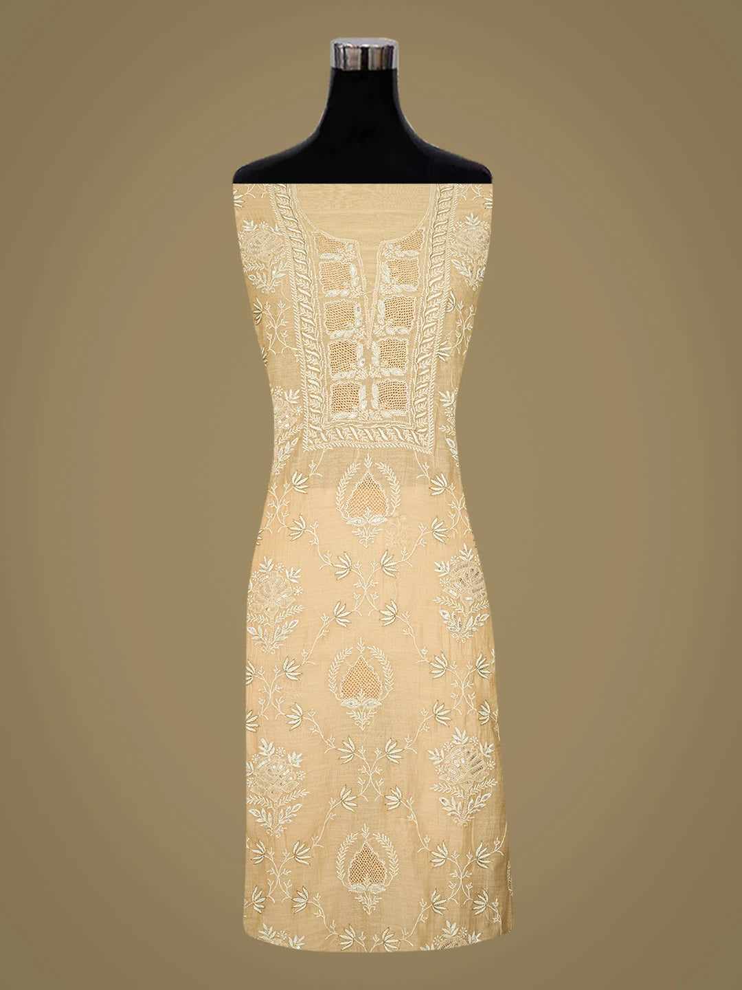 Ada Hand Embroidered Peach Chanderi Lucknowi Chikankari Unstitched Kurta Dupatta Set With Cutdana Work 01A705065