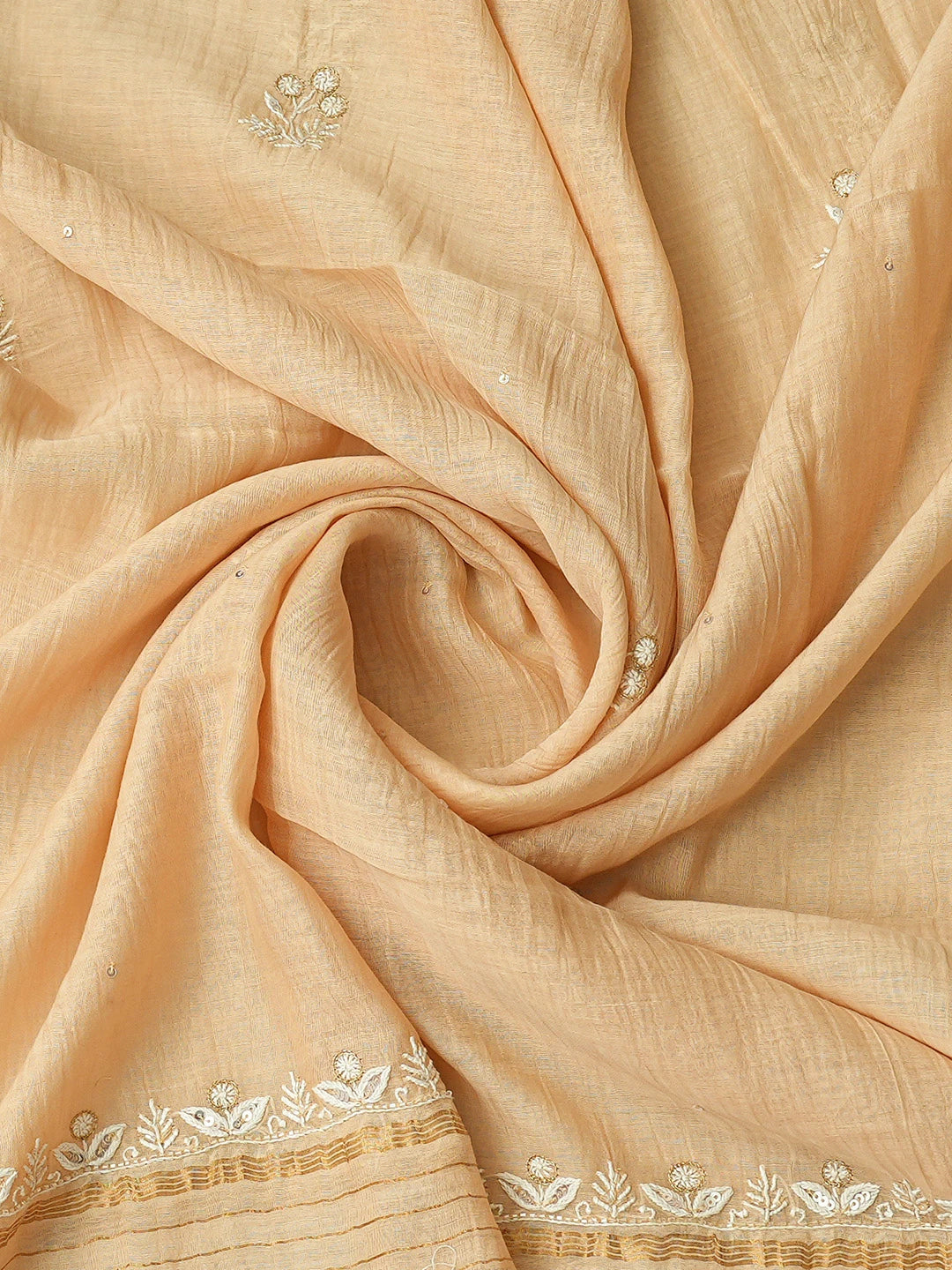 Ada Hand Embroidered Peach Chanderi Lucknowi Chikankari Unstitched Kurta Dupatta Set With Cutdana Work 01A705065