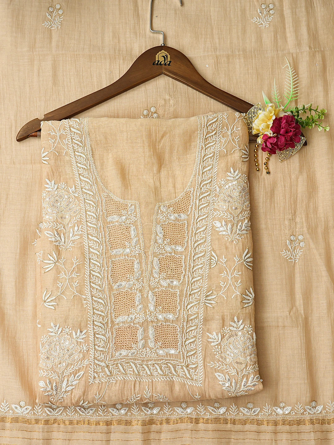 Ada Hand Embroidered Peach Chanderi Lucknowi Chikankari Unstitched Kurta Dupatta Set With Cutdana Work 01A705065