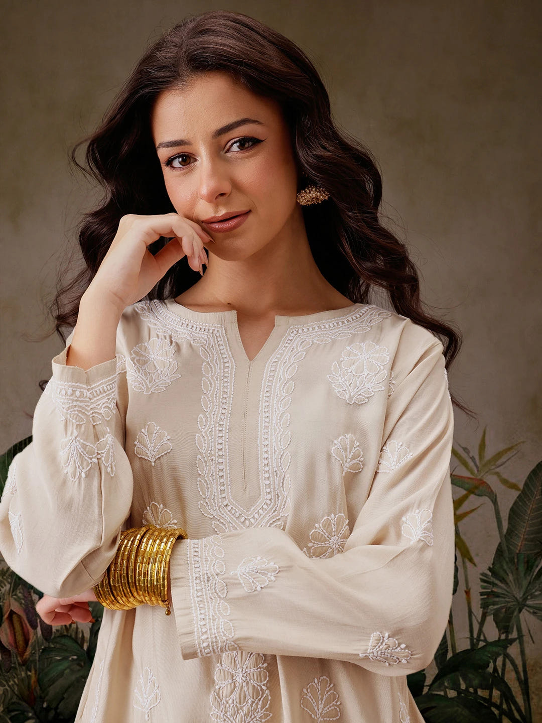 Ada Hand Embroidered Light Fawn Chanderi Silk Lucknowi Chikankari Short Kurti A911507