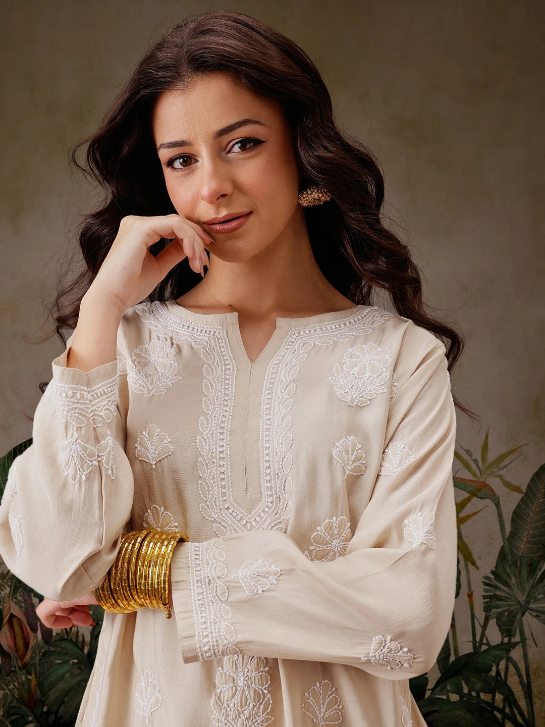 Ada Hand Embroidered Light Fawn Chanderi Silk Lucknowi Chikankari Short Kurti A911507