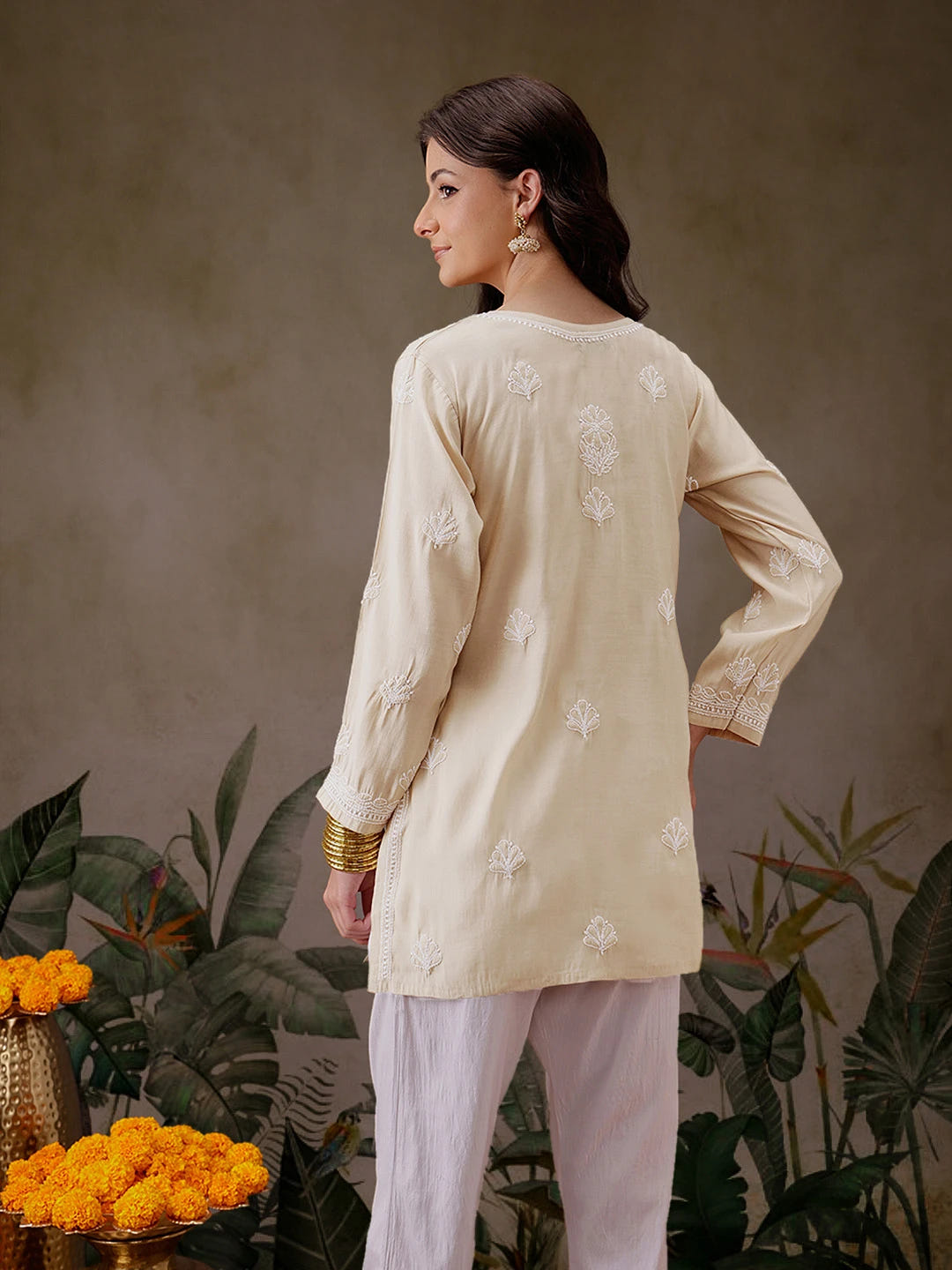 Ada Hand Embroidered Light Fawn Chanderi Silk Lucknowi Chikankari Short Kurti A911507
