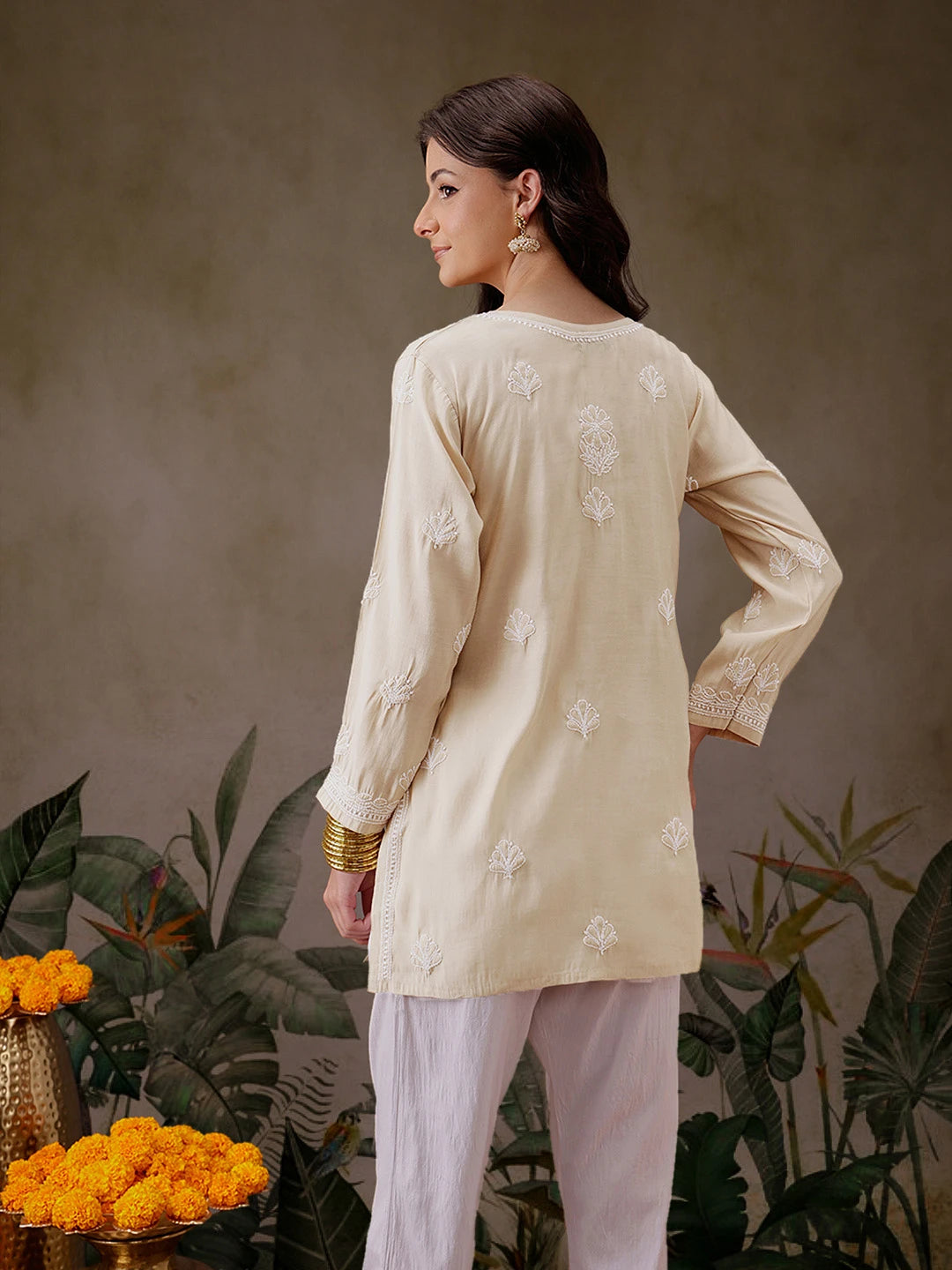 Ada Hand Embroidered Light Fawn Chanderi Silk Lucknowi Chikankari Short Kurti A911507
