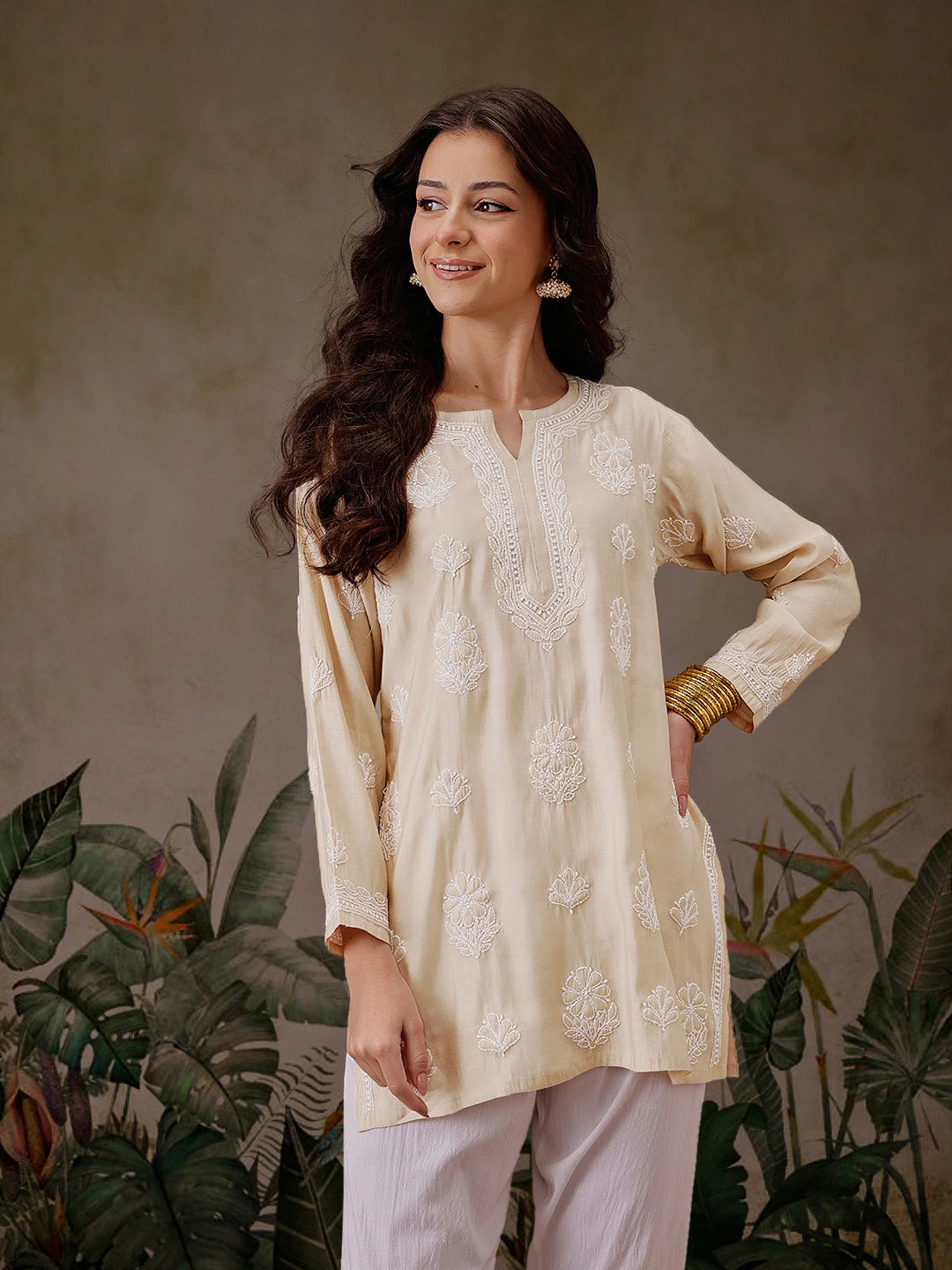 Ada Hand Embroidered Light Fawn Chanderi Silk Lucknowi Chikankari Short Kurti A911507