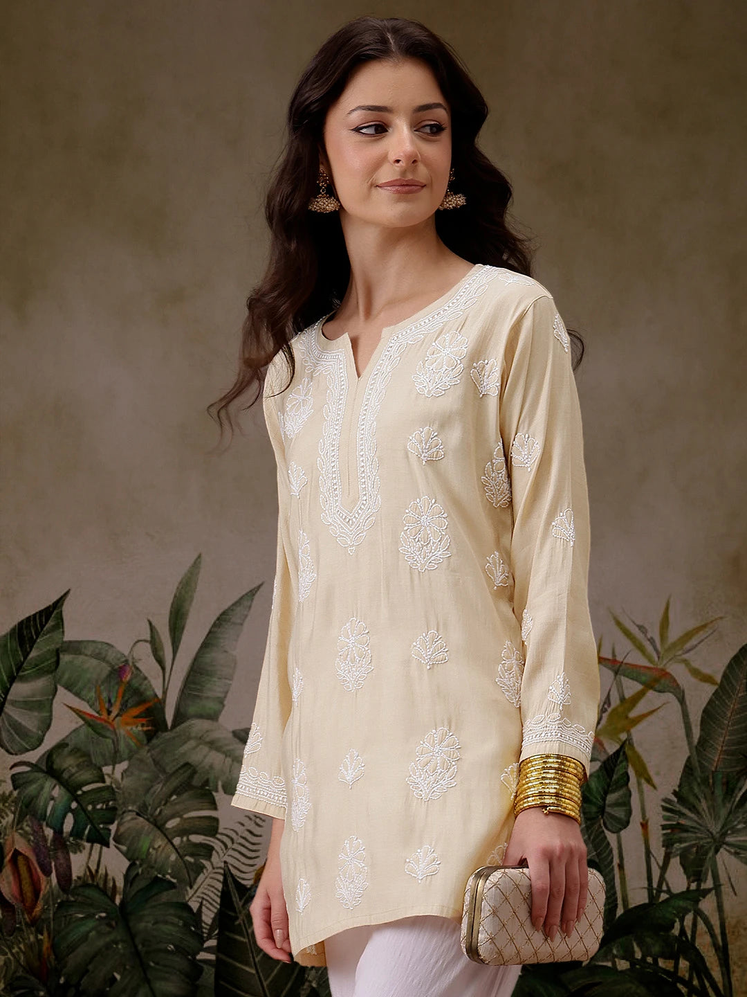 Ada Hand Embroidered Light Fawn Chanderi Silk Lucknowi Chikankari Short Kurti A911507