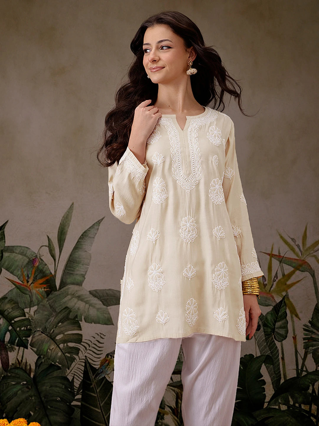 Ada Hand Embroidered Light Fawn Chanderi Silk Lucknowi Chikankari Short Kurti A911507
