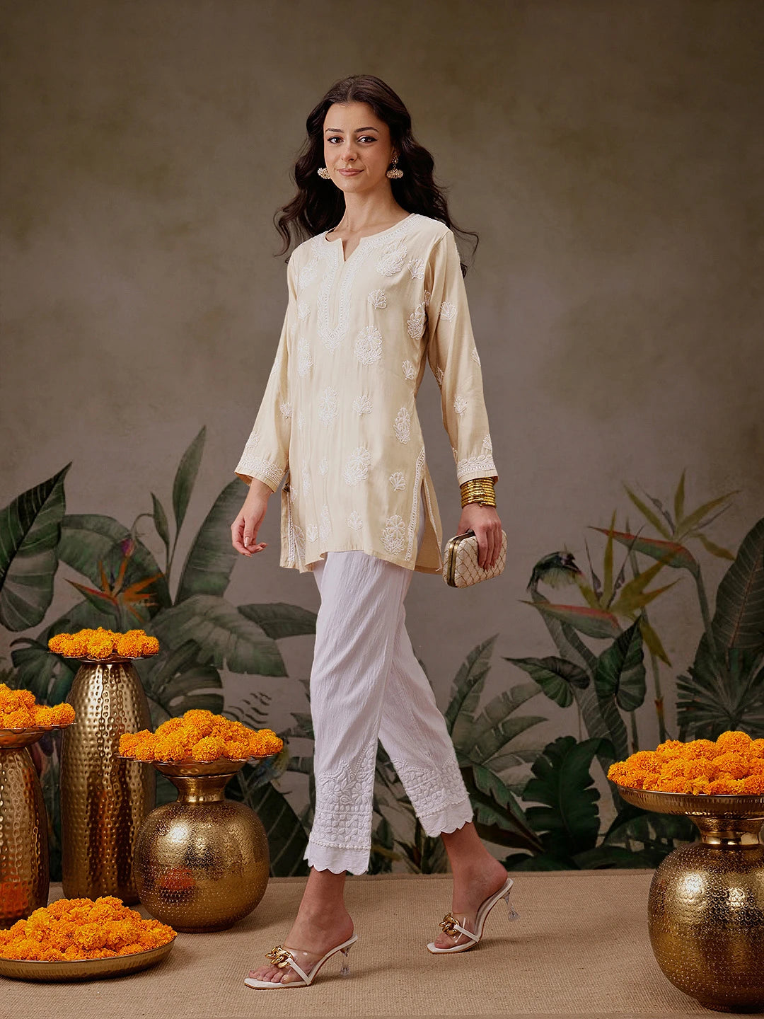 Ada Hand Embroidered Light Fawn Chanderi Silk Lucknowi Chikankari Short Kurti A911507