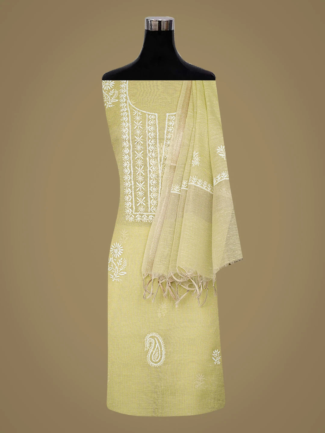 Ada Hand Embroidered Pistachio Green Tissue Lucknowi Chikankari Unstitched Kurta Dupatta Set 01A818292