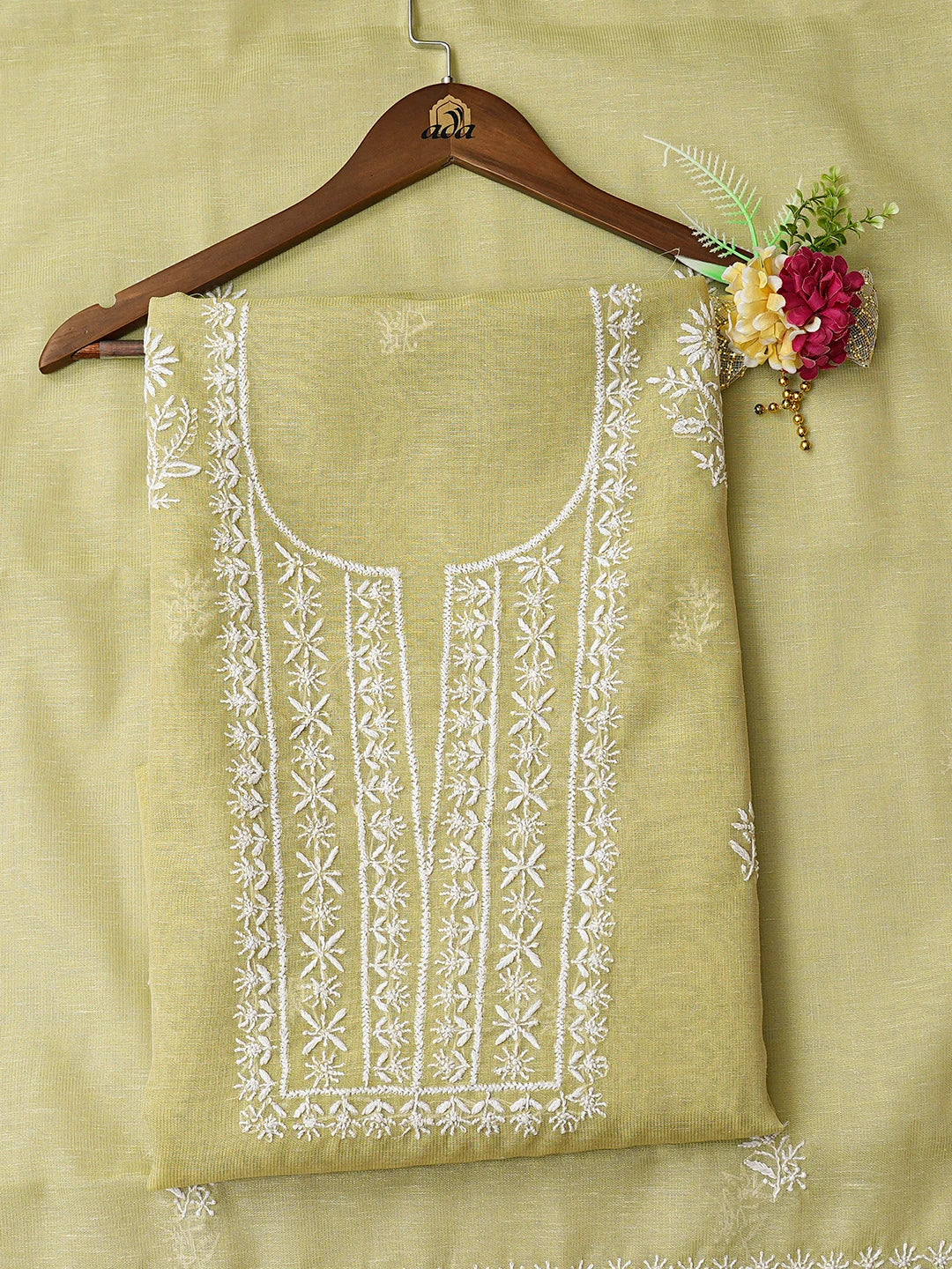 Ada Hand Embroidered Pistachio Green Tissue Lucknowi Chikankari Unstitched Kurta Dupatta Set 01A818292