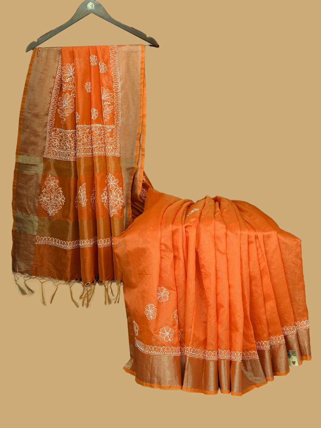 Ada Hand Embroidered Orange Chanderi Lucknowi Chikankari Saree and Blouse 01A802213