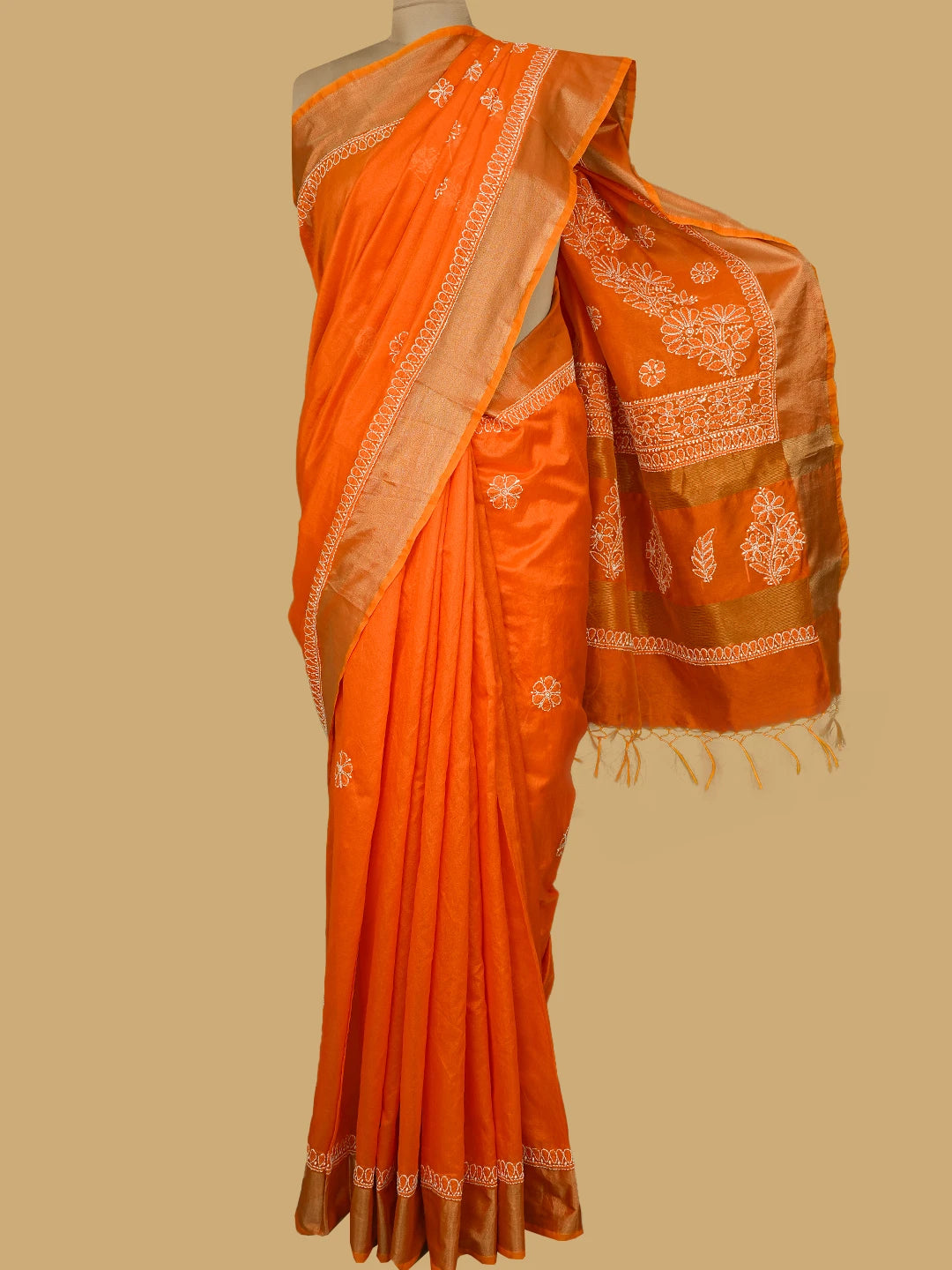 Ada Hand Embroidered Orange Chanderi Lucknowi Chikankari Saree and Blouse 01A802213