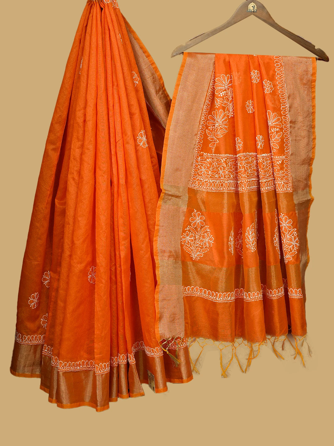 Ada Hand Embroidered Orange Chanderi Lucknowi Chikankari Saree and Blouse 01A802213