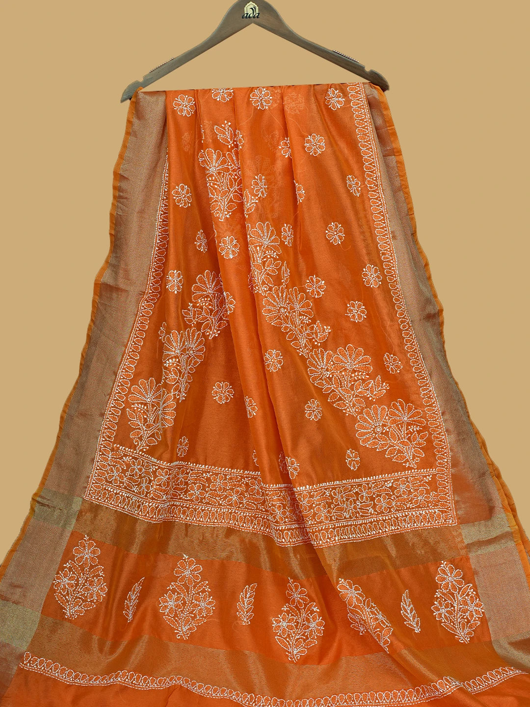 Ada Hand Embroidered Orange Chanderi Lucknowi Chikankari Saree and Blouse 01A802213