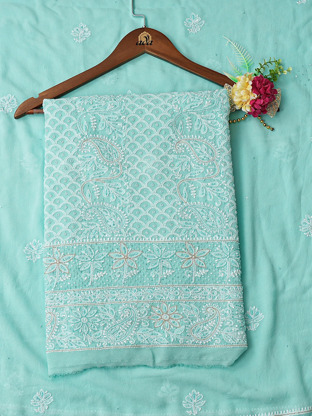 Ada Hand Embroidered Light Sea Green Pure Georgette Lucknowi Chikankari Unstitched Kurta Dupatta Set With Cutdana Work 01A683265