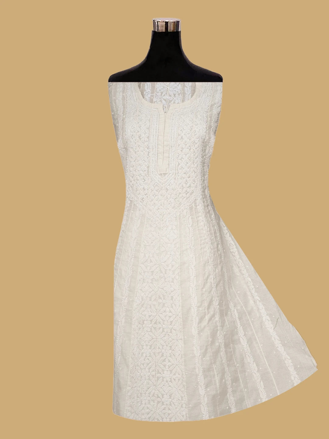 Ada Hand Embroidered White Chanderi Lucknowi Chikankari Semi-Stitched Anarkali Kurta Dupatta Set with Pearl Work 01A813713