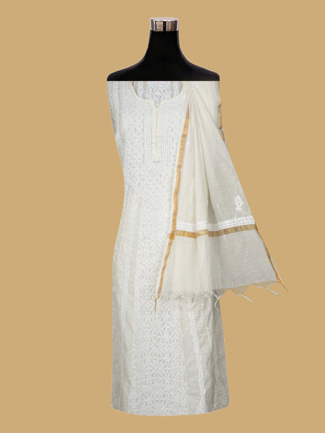 Ada Hand Embroidered White Chanderi Lucknowi Chikankari Semi-Stitched Anarkali Kurta Dupatta Set with Pearl Work 01A813713