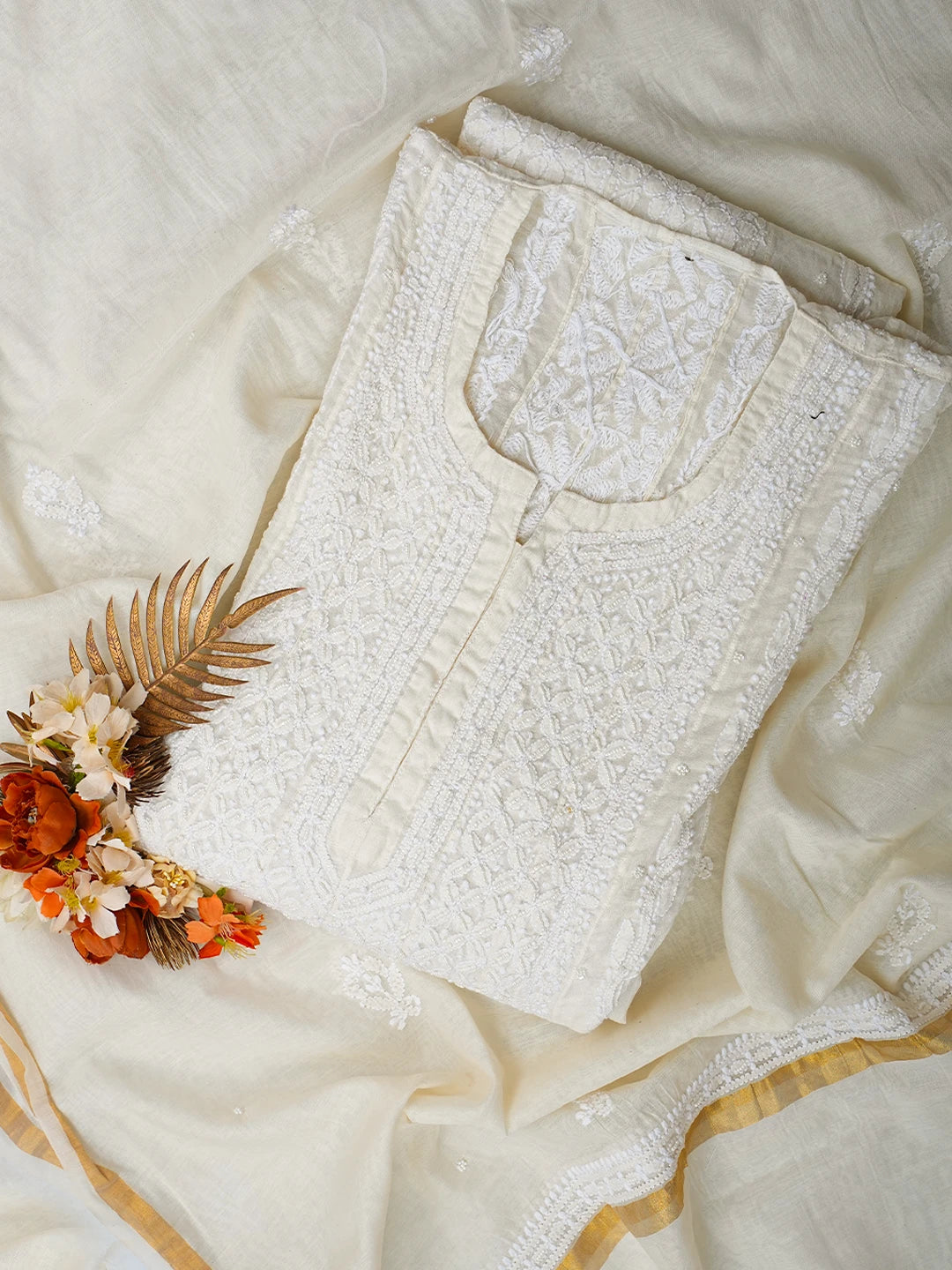 Ada Hand Embroidered White Chanderi Lucknowi Chikankari Semi-Stitched Anarkali Kurta Dupatta Set with Pearl Work 01A813713