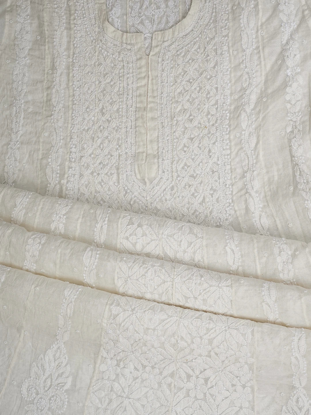Ada Hand Embroidered White Chanderi Lucknowi Chikankari Semi-Stitched Anarkali Kurta Dupatta Set with Pearl Work 01A813713
