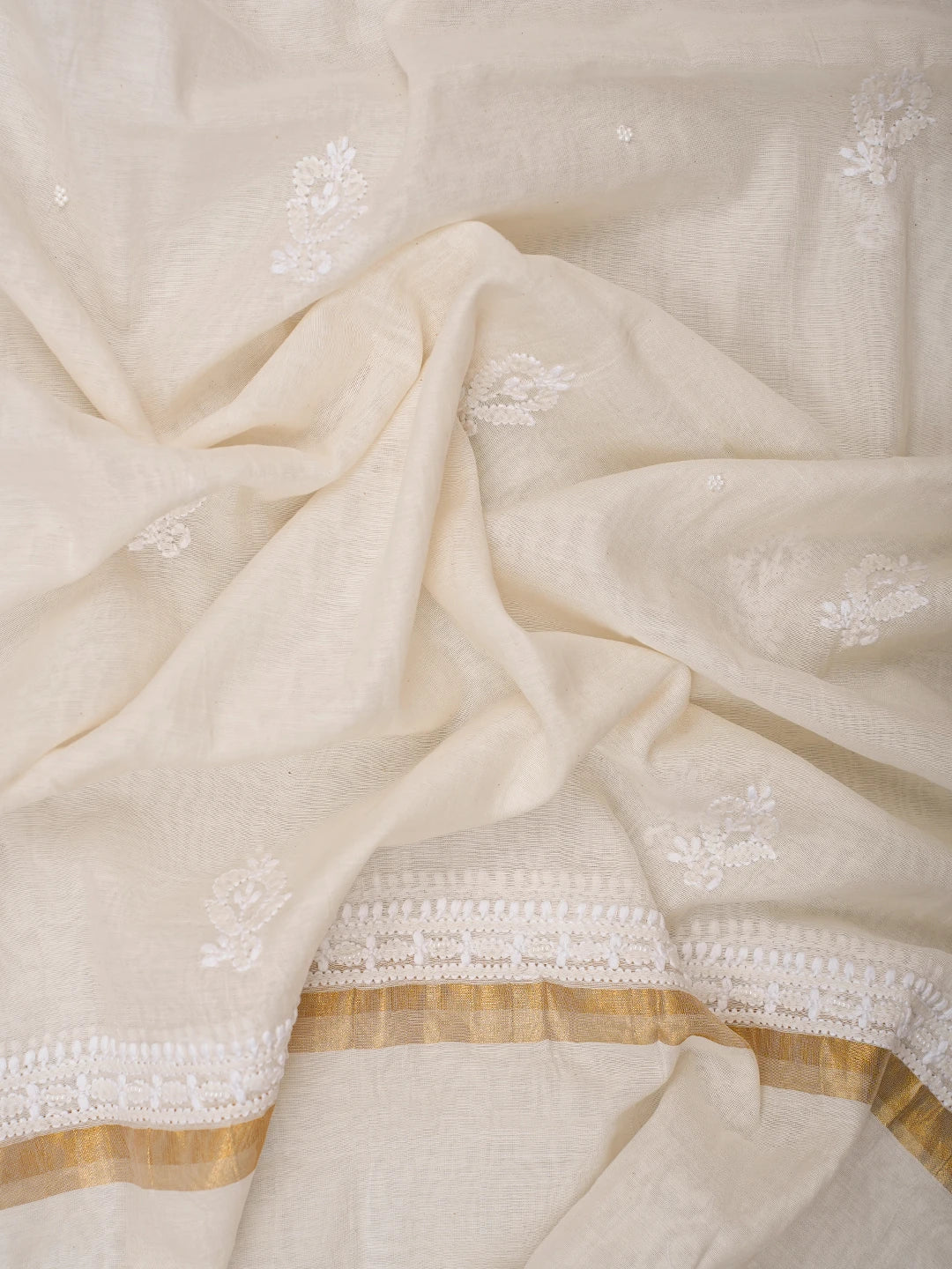 Ada Hand Embroidered White Chanderi Lucknowi Chikankari Semi-Stitched Anarkali Kurta Dupatta Set with Pearl Work 01A813713