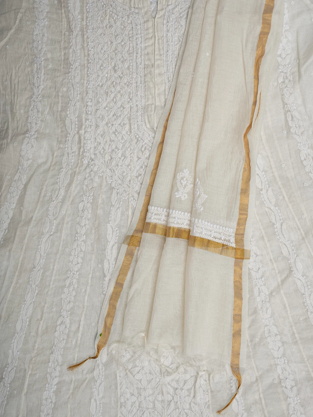 Ada Hand Embroidered White Chanderi Lucknowi Chikankari Semi-Stitched Anarkali Kurta Dupatta Set with Pearl Work 01A813713