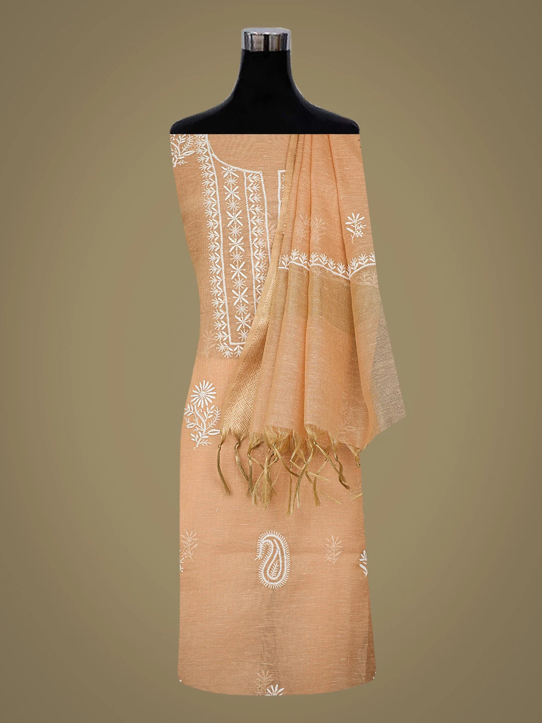 Ada Hand Embroidered Peach Tissue Lucknowi Chikankari Unstitched Kurta Dupatta Set 01A818295
