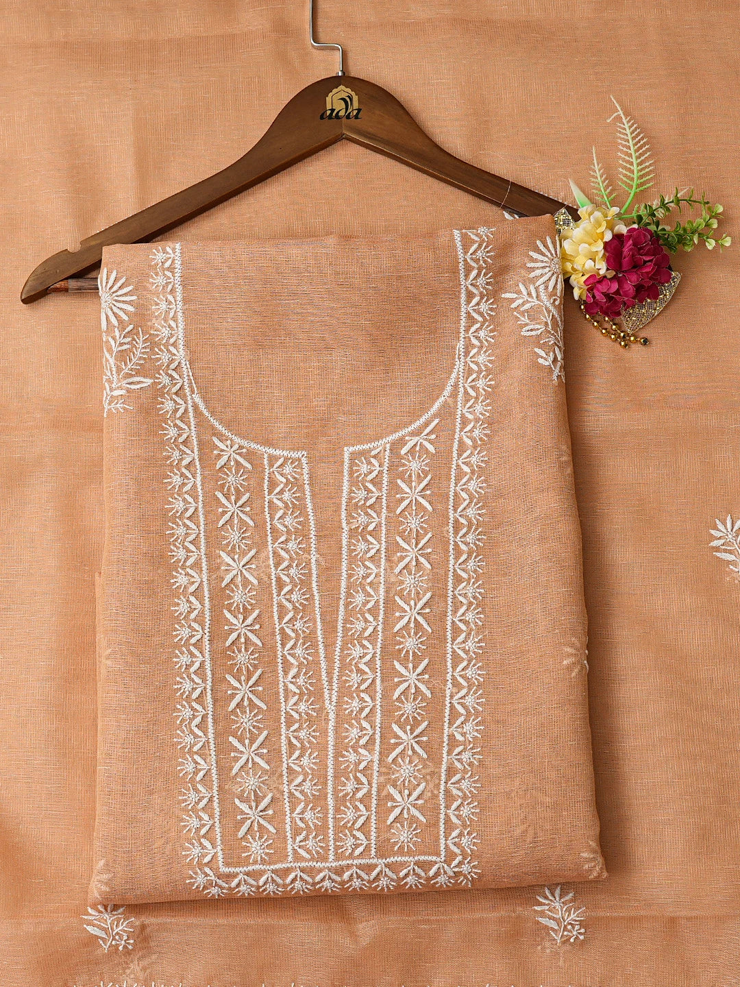 Ada Hand Embroidered Peach Tissue Lucknowi Chikankari Unstitched Kurta Dupatta Set 01A818295