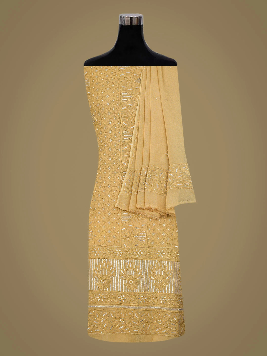 Ada Hand Embroidered Fawn Viscose Georgette Lucknowi Chikankari Unstitched Kurta Dupatta Set With Cutdana Work 01A757072