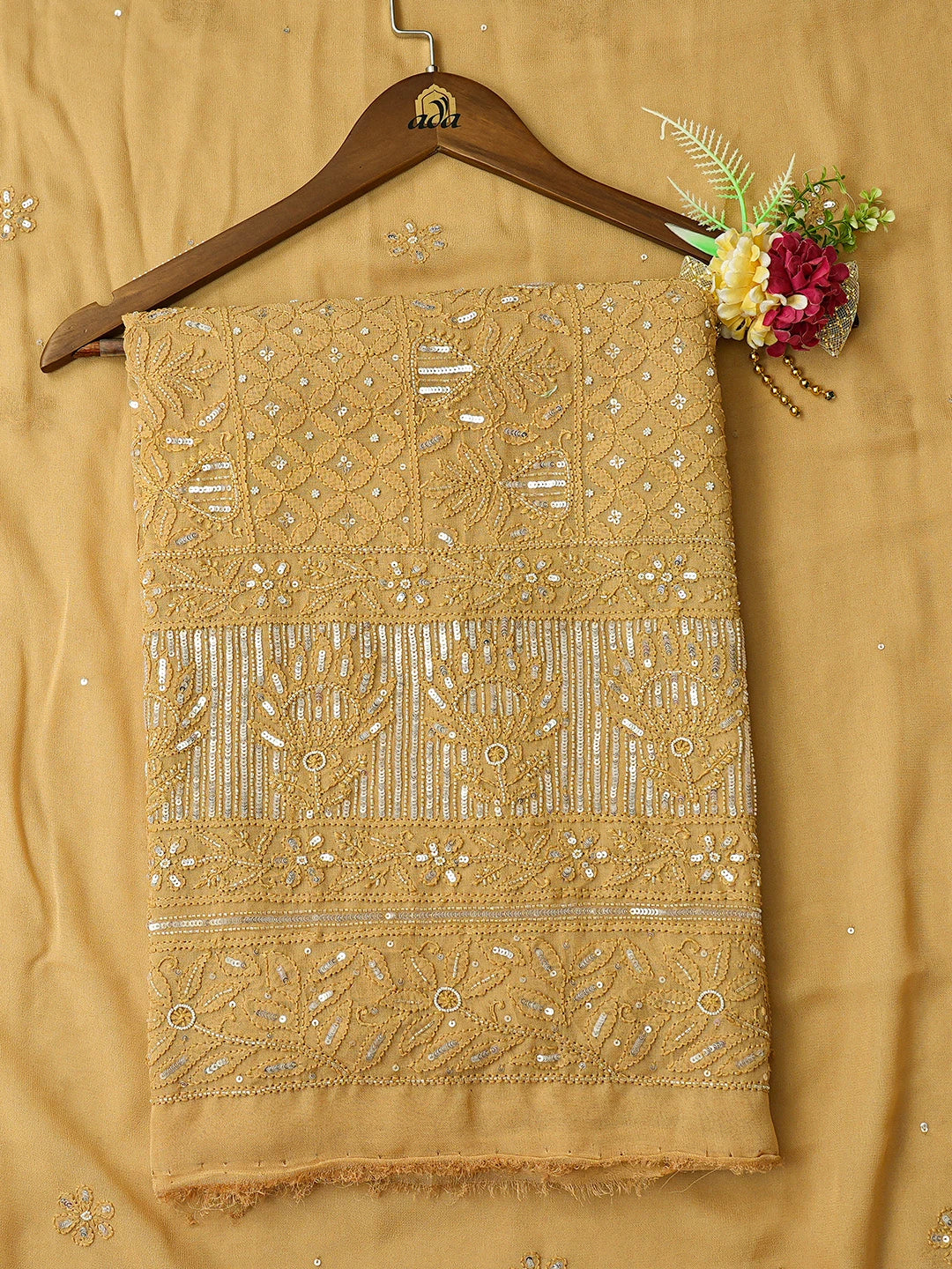 Ada Hand Embroidered Fawn Viscose Georgette Lucknowi Chikankari Unstitched Kurta Dupatta Set With Cutdana Work 01A757072