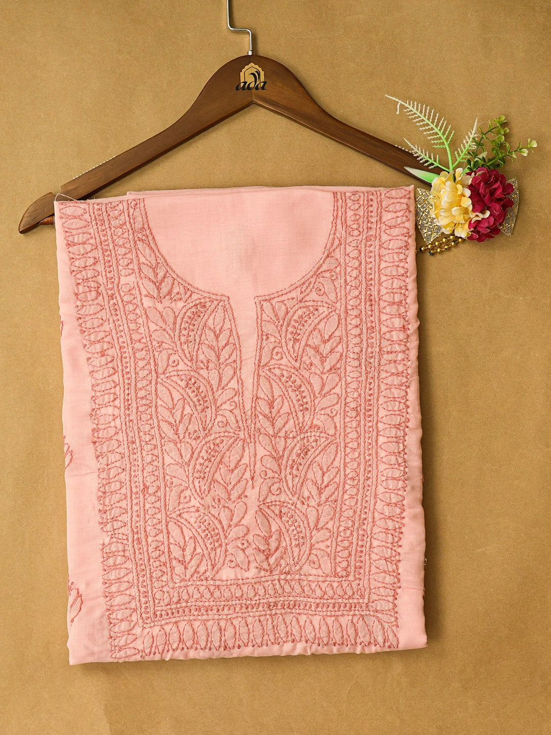 Ada Hand Embroidered Peachy Pink Cotton Lucknowi Chikankari Unstitched Kurta Piece 01A816583