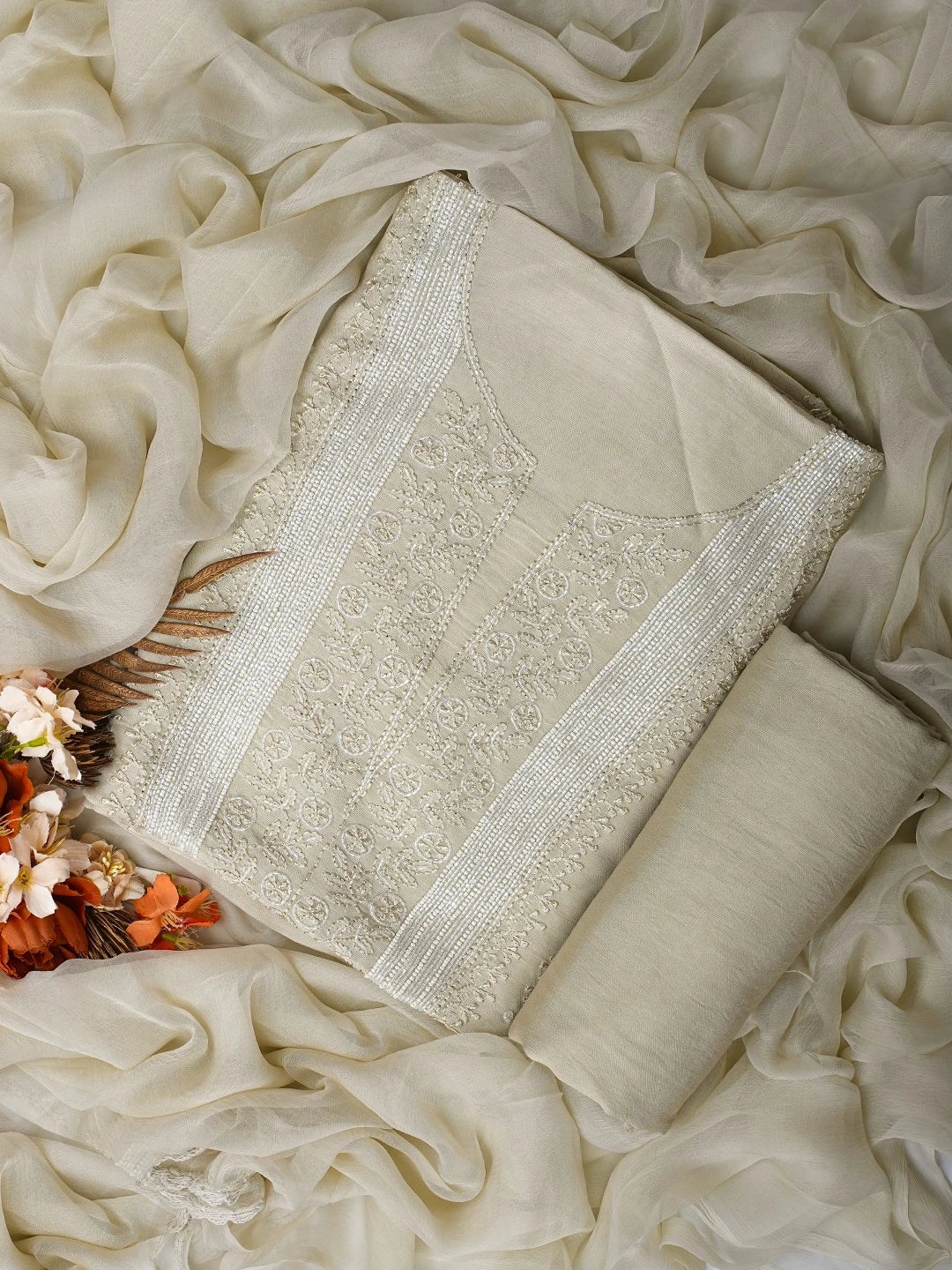 Ada Hand Embroidered Fawn Muslin Lucknowi Chikankari Unstitched Suit Piece 01A814802
