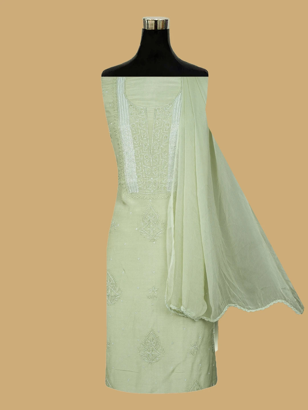 Ada Hand Embroidered Pista Green Muslin Lucknowi Chikankari Unstitched Suit Piece With Cutdana Work 01A814809