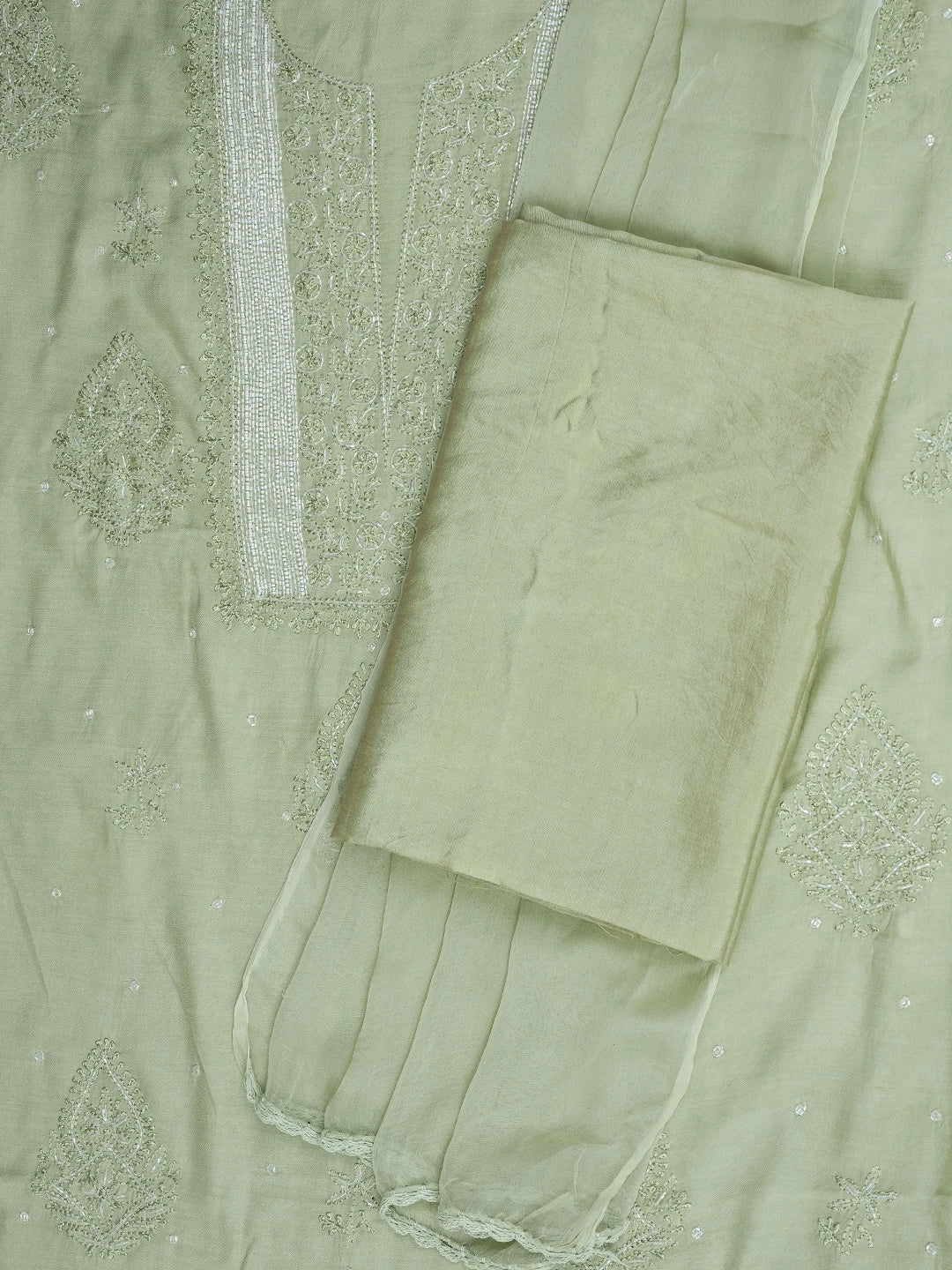 Ada Hand Embroidered Pista Green Muslin Lucknowi Chikankari Unstitched Suit Piece With Cutdana Work 01A814809