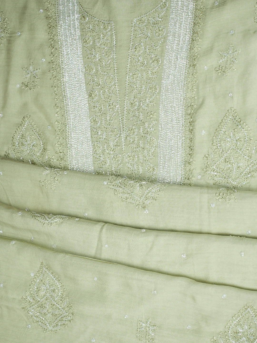 Ada Hand Embroidered Pista Green Muslin Lucknowi Chikankari Unstitched Suit Piece With Cutdana Work 01A814809