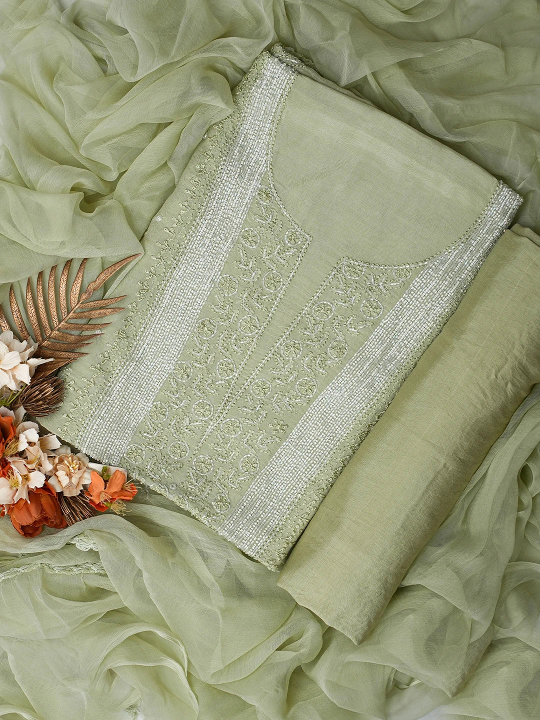 Ada Hand Embroidered Pista Green Muslin Lucknowi Chikankari Unstitched Suit Piece With Cutdana Work 01A814809