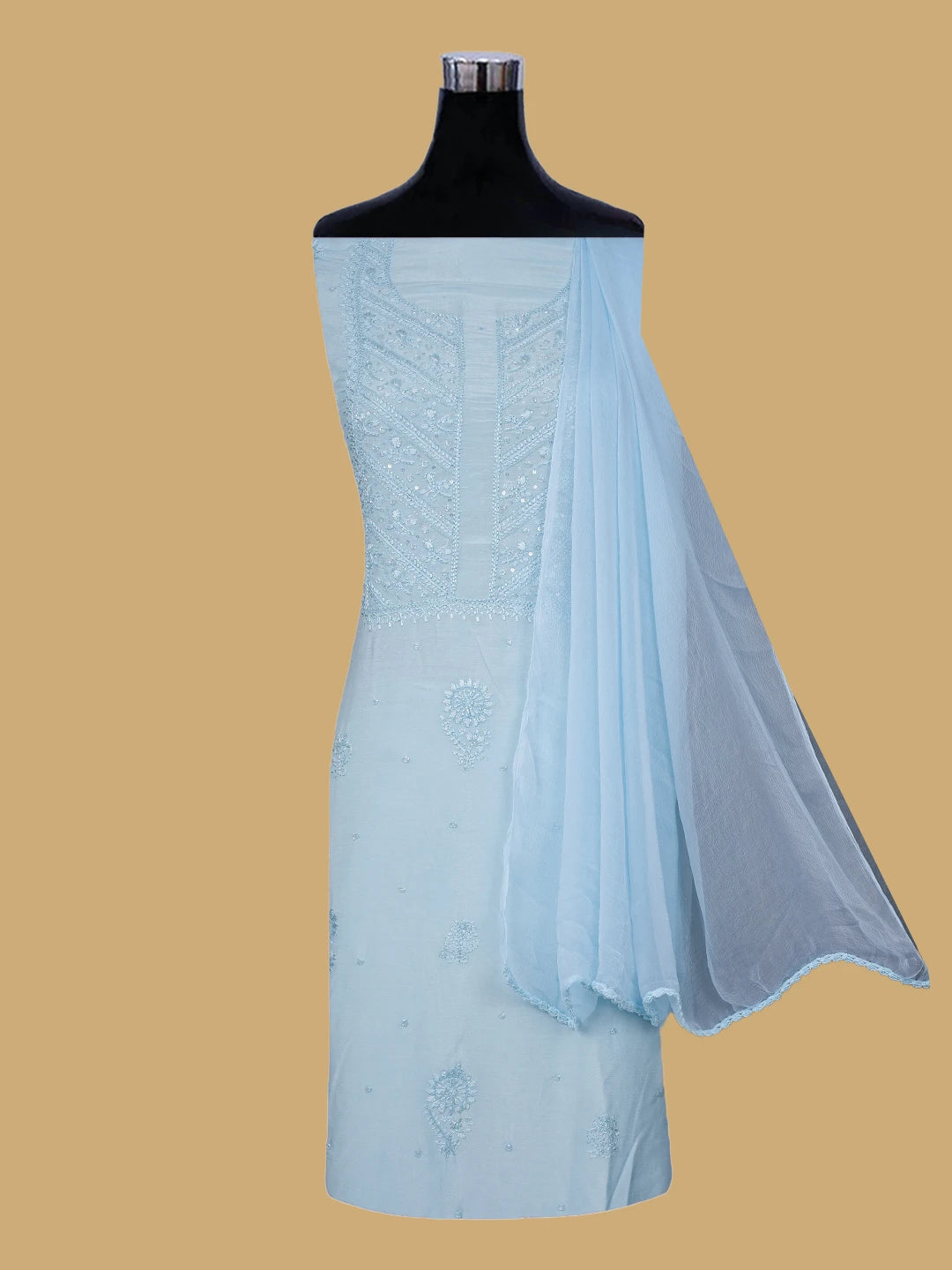 Ada Hand Embroidered Sky Blue Muslin Lucknowi Chikankari Unstitched Suit Piece With Cutdana Work 01A814887