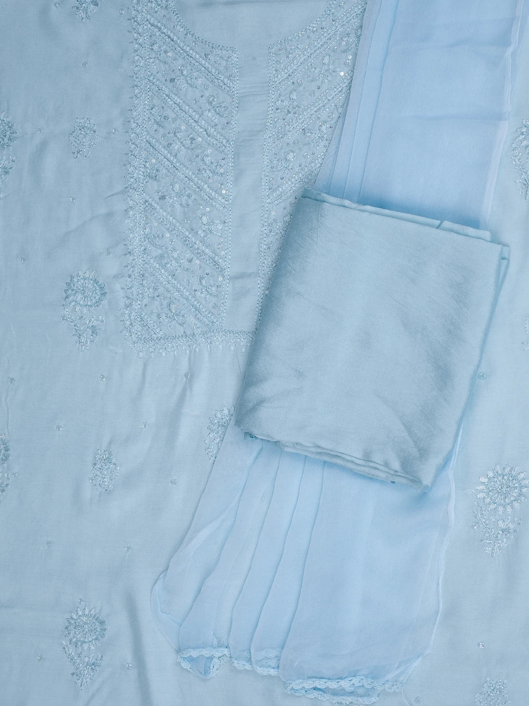 Ada Hand Embroidered Sky Blue Muslin Lucknowi Chikankari Unstitched Suit Piece With Cutdana Work 01A814887