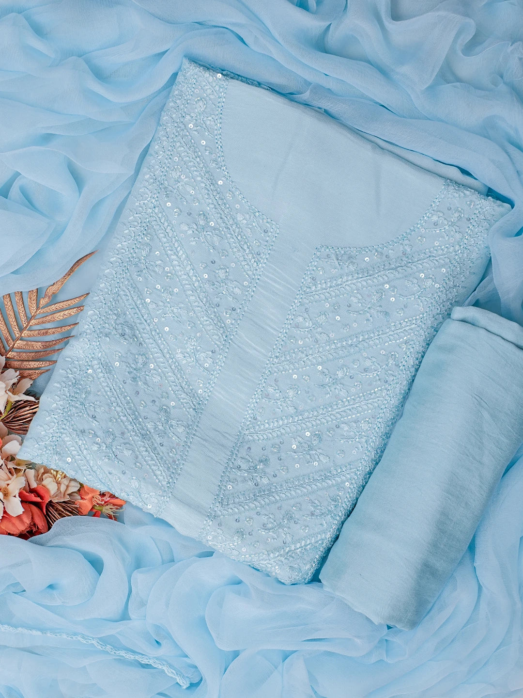 Ada Hand Embroidered Sky Blue Muslin Lucknowi Chikankari Unstitched Suit Piece With Cutdana Work 01A814887