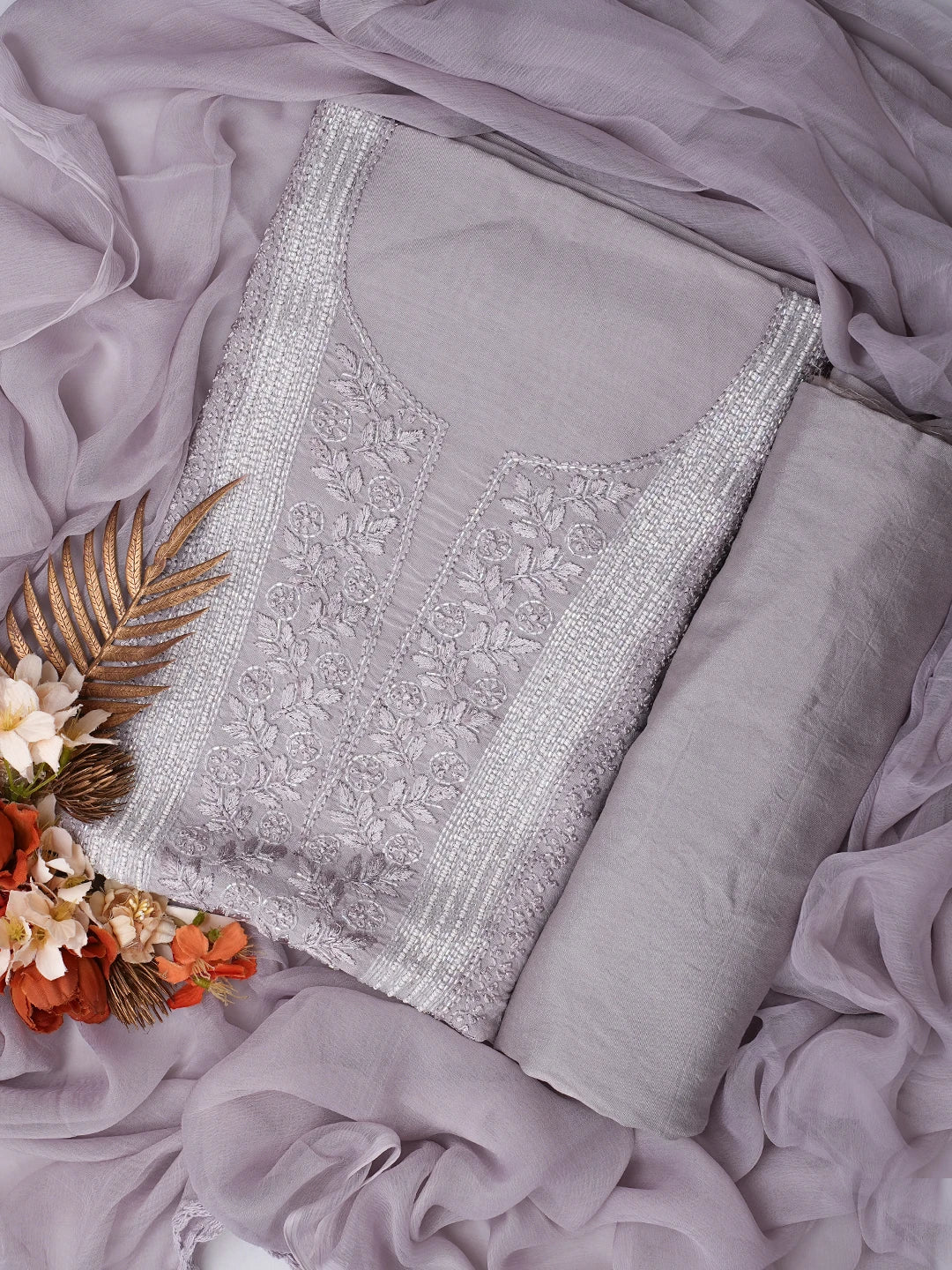 Ada Hand Embroidered Vintage Mauve Muslin Lucknowi Chikankari Unstitched Suit Piece With Cutdana Work 01A814793