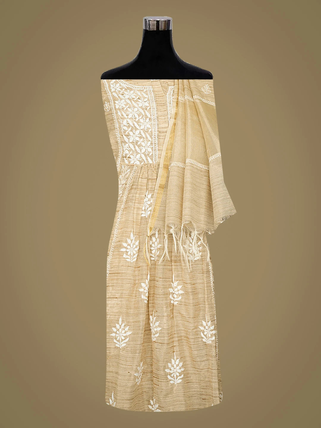 Ada Hand Embroidered Fawn Khadi Chanderi Lucknowi Chikankari Semi-Stitched Kurta Dupatta Set 01A436000