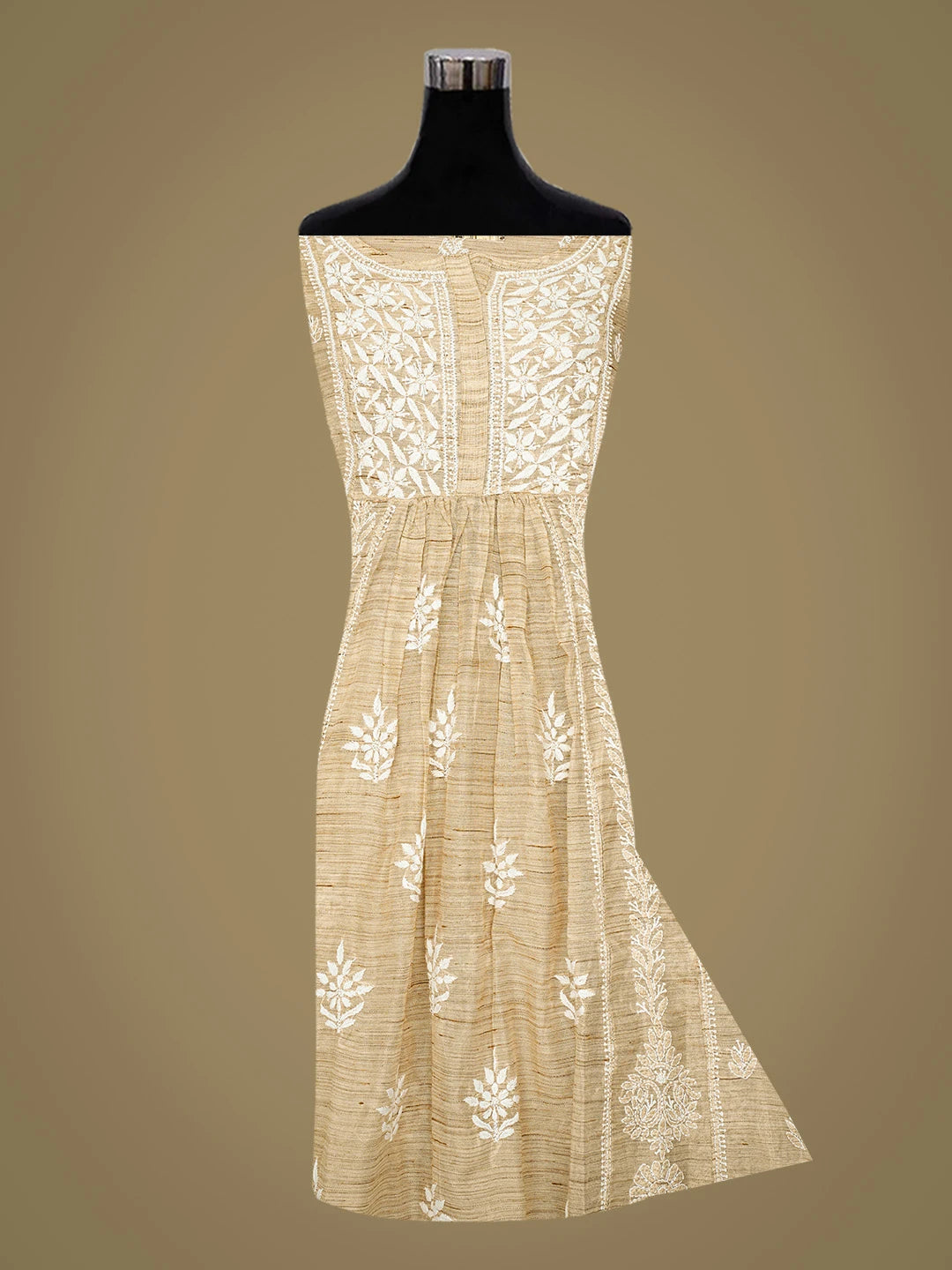 Ada Hand Embroidered Fawn Khadi Chanderi Lucknowi Chikankari Semi-Stitched Kurta Dupatta Set 01A436000