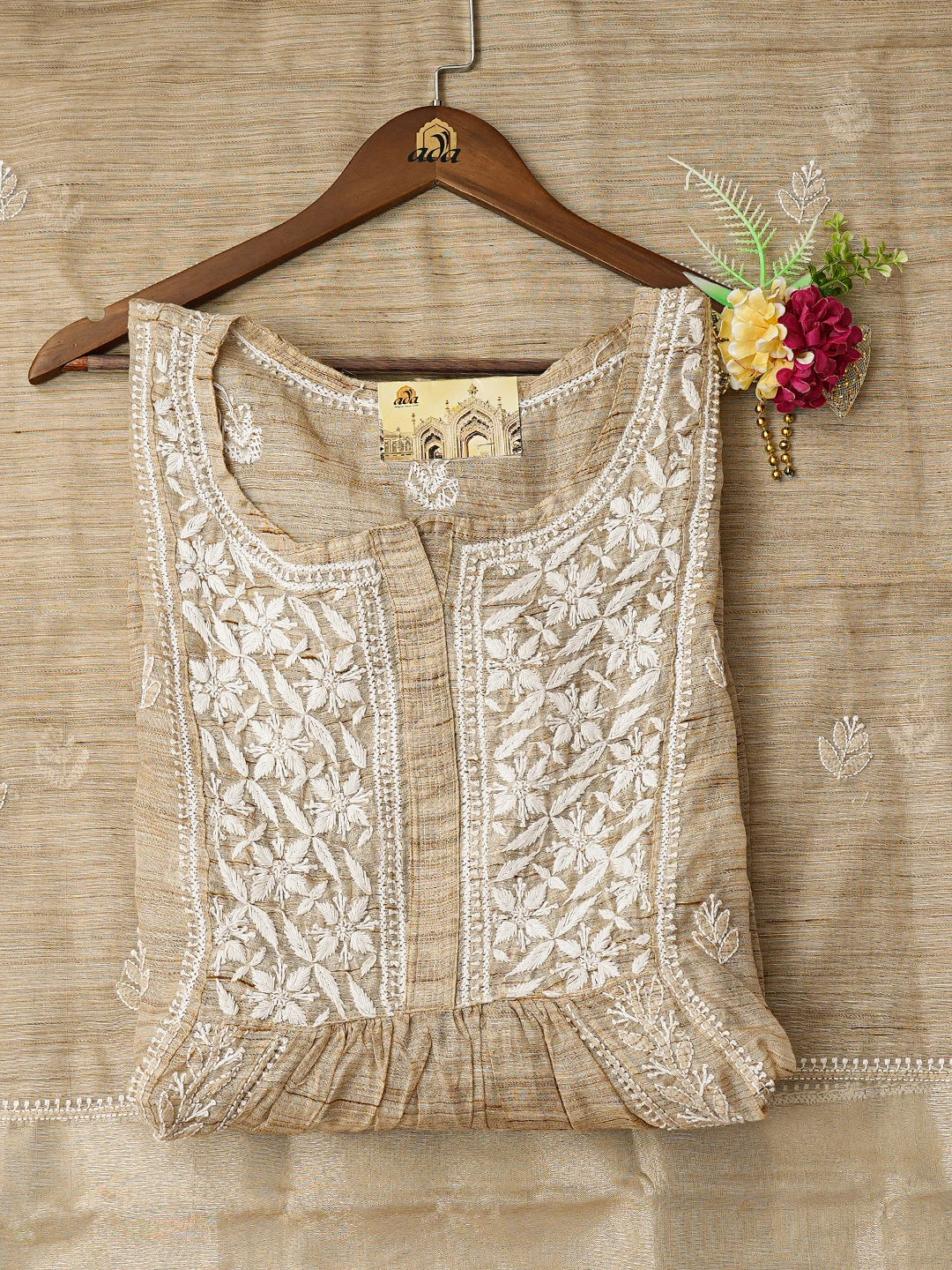 Ada Hand Embroidered Fawn Khadi Chanderi Lucknowi Chikankari Semi-Stitched Kurta Dupatta Set 01A436000