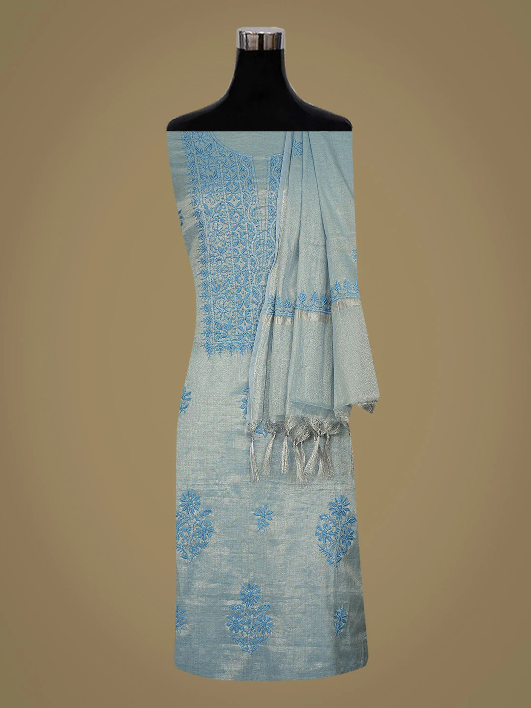Ada Hand Embroidered Blue Tissue Lucknowi Chikankari Unstitched Kurta Dupatta Set 01A788963